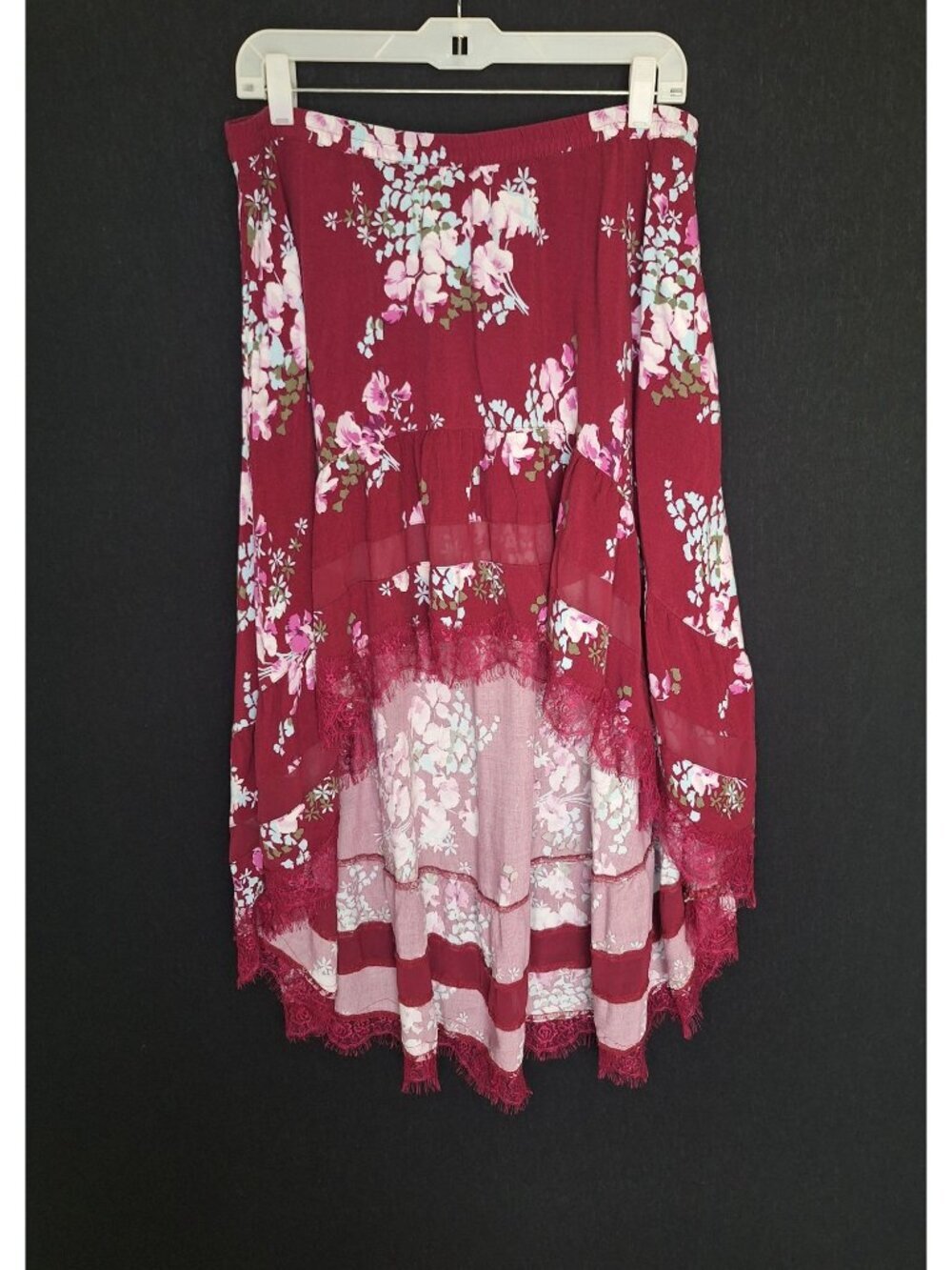 💙 Express Floral Lace Trim High Low Skirt Size M/L Cottage Gypsy Boho Vacation